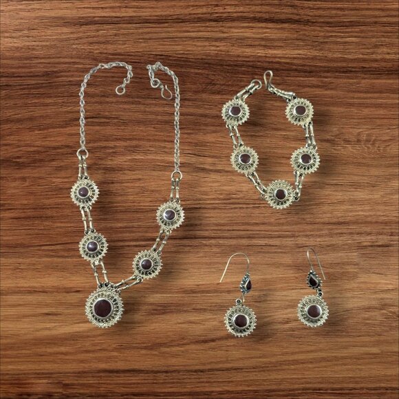 Vintage-Style Gold-Tone Necklace Bracelet & Earrings Set – Faux Garnet Cabochons - Picture 1 of 7